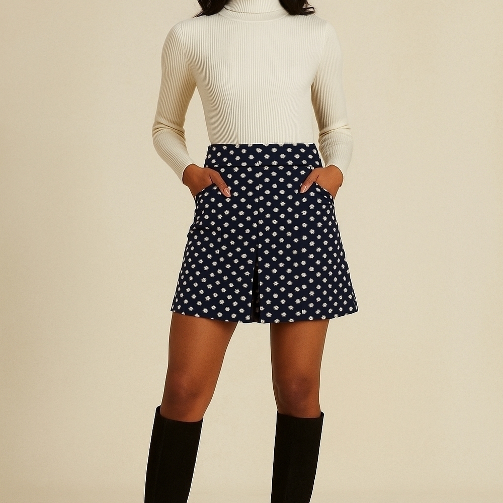 Boden A-Line Skirt Starburst Star Print Navy Blue/White Front Box Pleat Size 6R